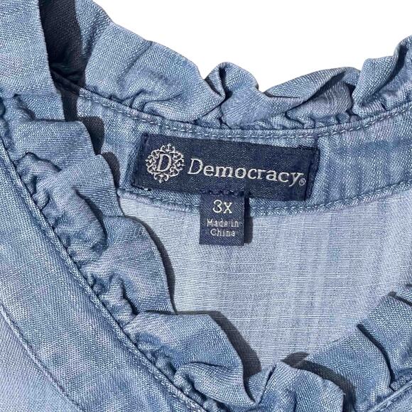 Democracy NWT Woven Banded Collar 3/4 Sleeve Ruffle Trim Button Down Shirt Sz 3X - Picture 2 of 8